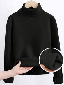 SHEIN 1 pieza Suéter de cuello alto versátil, cómodo y de unicolor para niños pequeños, adecuado como capa base o prenda exterior - Negro - Ver 3