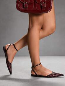 CUCCOO SZL أحذية نسائية مسطحة ذات شريط كاحل وأصابع مدببة، مصنوعة من شبكة معدنية ملونة بطريقة الرقعة، أنيقة وجذابة