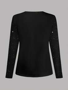 EMERY ROSE 女士复古亮片印花圆领休闲T恤，适合日常街头风格 - 黑色 - 查看 2