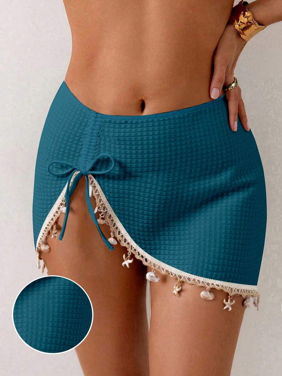 Swim Lushoire Women's Summer Beach Vacation Drawstring Ruched Starfish Shell Tassel Solid Color Special Texture Fabric Split Hem Skirt - Blue - View 1