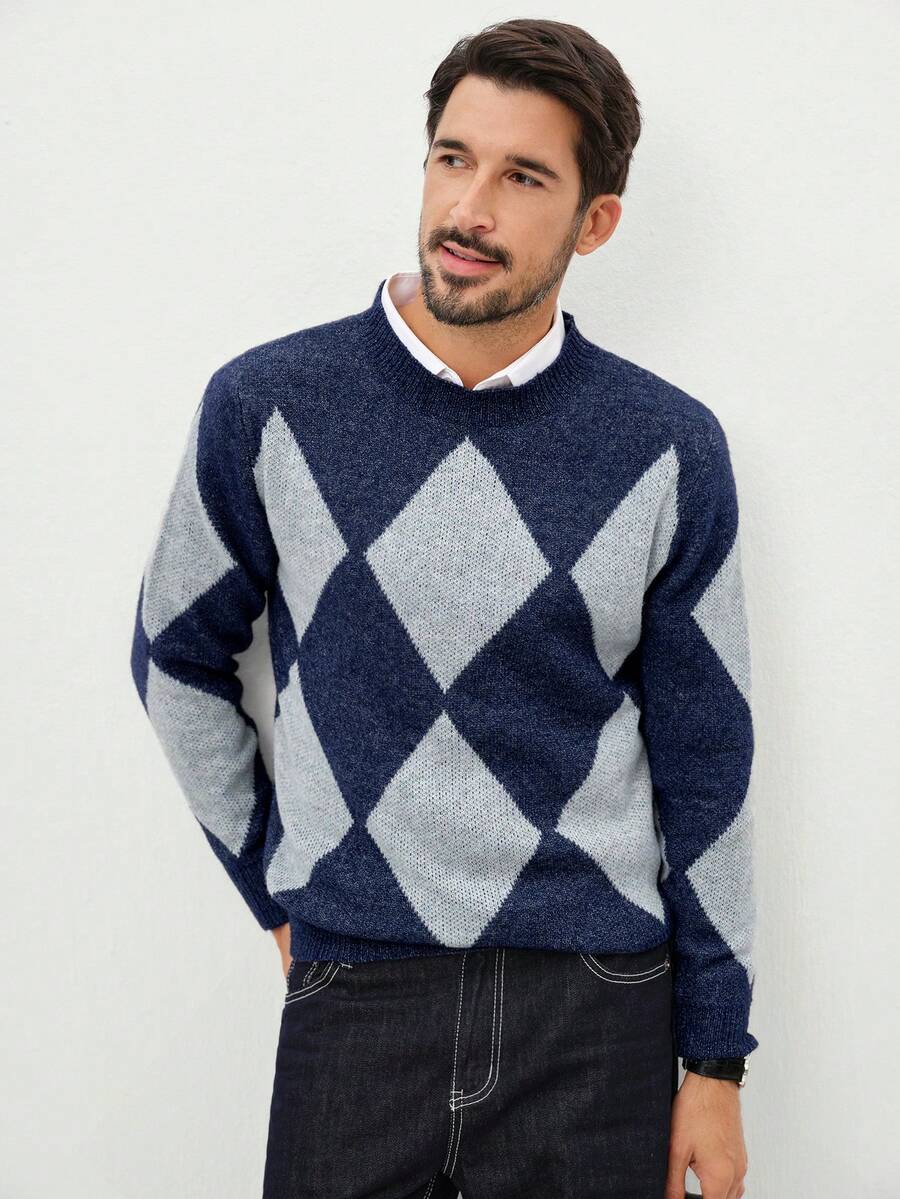 Manfinity CityGents Men's Casual Diamond Pattern Crew Neck Long Sleeve Sweater, Autumn/Winter Geometric Print Men Blue Sweater Mens Clothing - Navy Blue - View 1