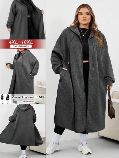 SHEIN CURVE+ Damen Große Größen Lange Kapuzenjacke, geeignet für Herbst/Winter Kleidung für Frauen, Winter, CURVE PLUS Schwarze Kapuzenjacke/Herbst/Winter