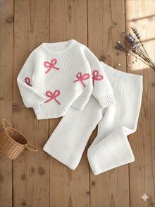 Genkimix Kids New Fashionable Versatile Cute Bow Knit Sweater & Flare Pants 2-Piece Set Bow Clothes Girls Sweater Sets Two Pieces Set Girls Comfy Set Girl Knit Set Sweaters Clothes Autumn And Winter Clothes Girls Sweater Sets Girls Suit Set Girls Spring And Autumn Suit Long Sleeve Set Girl Warm Sets Two Pieces Winter Outfits For Young Girls' Trouser Suit Two Pieces Set - White - View 5