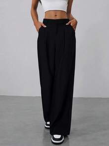 Aloruh Women Fairy Office Daily Commute Wide Leg Straight Trousers With Double Waistband Design, Floor Length, Low Rise, Autumn/Winter, Winter, Business Casual, Elegant, Black , Wide Leg, - Black - View 3