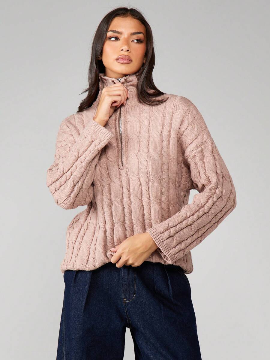 MISSGUIDED Damen Zopfstrick Kapuzenpullover mit Reißverschluss und Mitteltasche, kuschelige Strickjacke für Herbst und Winter - Kamelfarben - Übersicht 1