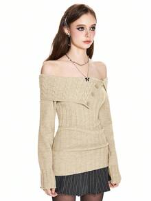 ROMWE Y2K风格露肩罗纹针织毛衣，腰部收紧 - 咖啡棕 - 查看 5