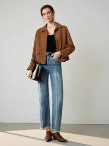 Uhlyne 女士复古经典硬币图案优雅休闲西装外套，带假口袋和纽扣，简约通勤夹克 - 卡其色 - 查看 3