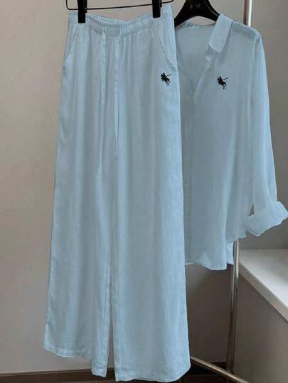 Franclia New Vintage Casual Linen Loose Drawstring Long Sleeve Solid Color Horse Embroidery Straight Leg Pants Women 2 Pieces Set