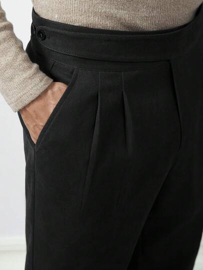 Core Aspect Men's Solid Color High Waist Pleated Straight Leg Casual Pants,Old Money Style,  Business Casual Style,Old Money Formal,New Autumn And Winter Vintage Gentleman Style High-Waisted Straight-Leg Pants, Drape Anti-Wrinkle Corduroy Casual Suit Pants, The First Choice For Urban Casual Daily Commuting And Business Casual Dates,Men's Black Straight Leg Cropped Woven Fabric Pants For Business Commuting