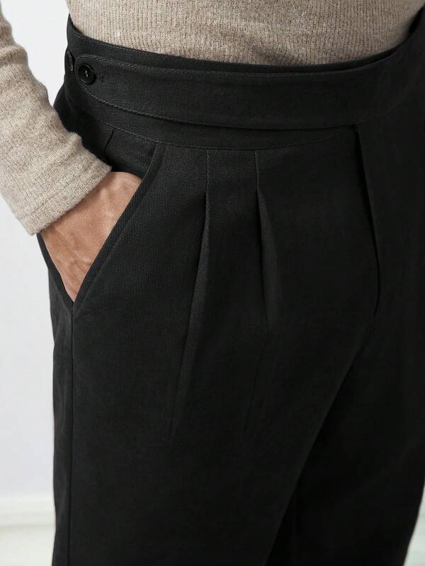 Core Aspect Men's Solid Color High Waist Pleated Straight Leg Casual Pants,Old Money Style,  Business Casual Style,Old Money Formal,New Autumn And Winter Vintage Gentleman Style High-Waisted Straight-Leg Pants, Drape Anti-Wrinkle Corduroy Casual Suit Pants, The First Choice For Urban Casual Daily Commuting And Business Casual Dates,Men's Black Straight Leg Cropped Woven Fabric Pants For Business Commuting