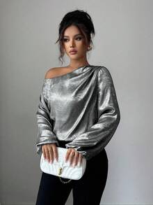 Elenzga Women's Silver Oblique Shoulder Lantern Sleeve Loose Fashion Blouse - Silver - View 4