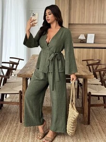 Weeklong Conjunto informal de manga larga de mezcla de lino de talla grande, primavera/verano - Verde militar - Ver 4