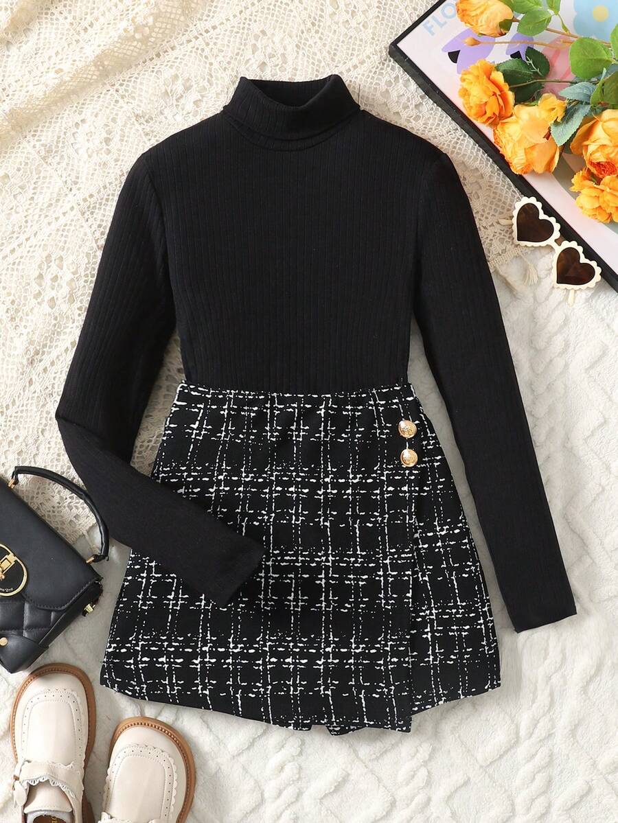 少女修身休闲简约舒适高领毛衣和格子迷你裙套装 - 黑色 - 查看 1