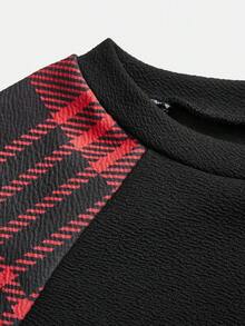 SHEIN Emery Rose Kids 少女宽松休闲简约舒适圆领套头卫衣，格子拼接设计 - 彩色 - 查看 5