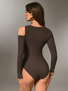 Nuvra Women's Solid Color Long Sleeve Hollow Out Twist Design Elegant Bodysuit, Autumn/Winter - Coffee Brown - View 2