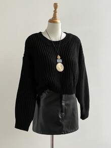 Chiquease Solid Ribbed Knit Drop Shoulder Jumper - Black - View 4