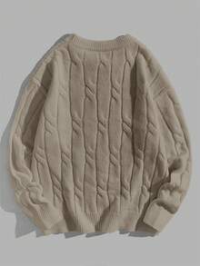 EASEVO Plus Size Men's Casual Cable Pattern Crew Neck Long Sleeve Sweater, Autumn/Winter - Khaki - View 2