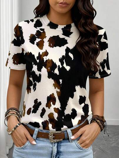 Elenzga Plus Size Casual Cow Print Short Sleeve T-Shirt
