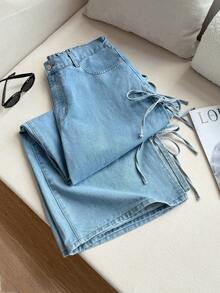 Comfortcana 大码女式宽松休闲牛仔裤，带口袋和侧系带，系带牛仔裤，宽松牛仔裤，Y2k 宽松牛仔裤，超大牛仔裤，蝴蝶结牛仔裤，女式阔腿裤，女式秋季服装，女式秋季牛仔裤，女式阔腿裤，女式早午餐，女式牛仔布，高腰牛仔裤，女式阔腿裤 - 中等水洗藍 - 查看 6