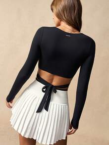 VARSIVA Black Long-Sleeved Casual Yoga/Pilates T-Shirt With A Heart-Shaped Neckline, Knotted Cutouts, And Criss-Cross Straps. - Black - View 8