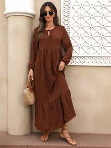 EMERY ROSE 女士纯色系带领灯笼袖荷叶边下摆休闲连衣裙 - 棕色 - 查看 7