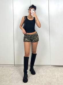 SHEIN EZwear Women's Summer Western Wear Women New Multi-Layered Ruffle Hem Low Waist Y2K Concert Outing Printed Ruffle Shorts,Suitable For Music Festival Wear - Multicolor - View 7