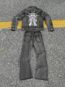 SHEIN Bolty 两件套青少年男童时尚休闲 Y2K 复古酷炫街头风两件套，包括一件黑色牛仔翻领长袖夹克（饰有肖像图案）和一条街头风侧压菱形设计弹力修身牛仔裤，适合青少年男童日常穿着，也适合儿童秋冬季派对、节日和街头服饰穿着。 - 黑色 - 查看 4