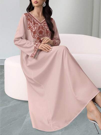 SHEIN Najma 女士复古花卉数码印花V领长袖优雅阿拉伯连衣裙 春秋季