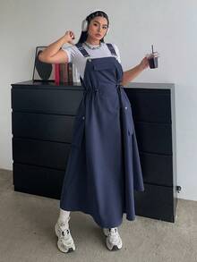 POPSWAY 全新秋季户外百搭束腰中长款吊带连衣裙女装 - 寶藍色 - 查看 1