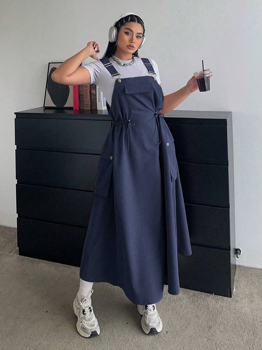 POPSWAY 全新秋季户外百搭束腰中长款吊带连衣裙女装 - 寶藍色 - 查看 1