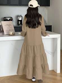 فستان بنات مراهقات كاجوال فضفاض بياقة مستديرة وأكتاف منسدلة، مبطن حراريًا مع حافة مطوية، مناسب للعودة إلى المدرسة في فصلي الخريف والشتاء، فستان بنات طويل