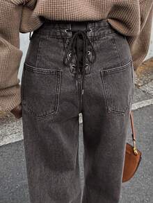 FRIFUL Women's High Waist Lace-Up Retro Casual Loose Straight Leg Jeans - Black - View 1