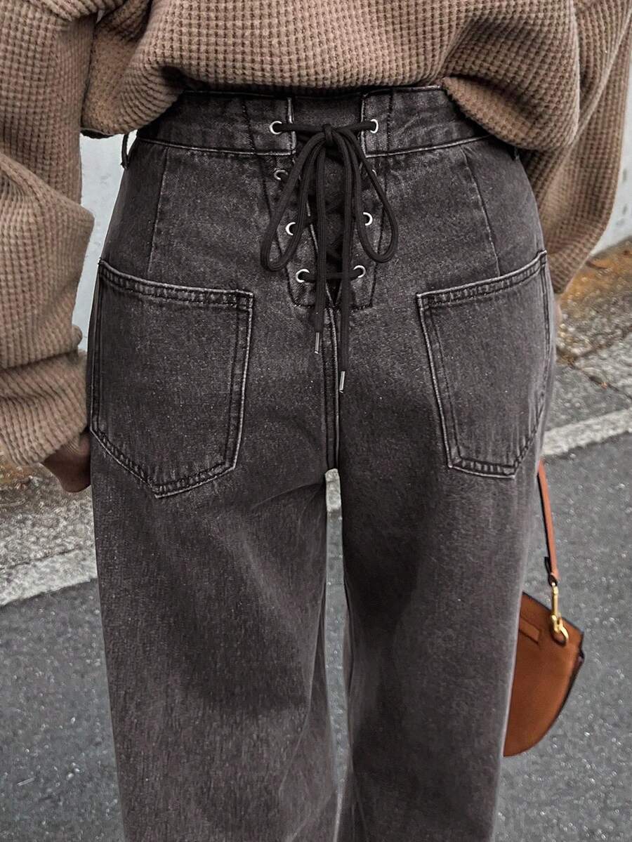 FRIFUL Women's High Waist Lace-Up Retro Casual Loose Straight Leg Jeans - Black - View 1