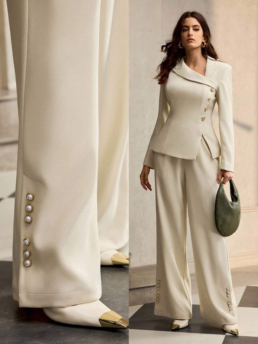 ZEYLAH 女士优雅直筒串珠裤，秋冬 - 杏色 - 查看 1