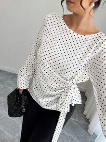 Elenzga Ladies'Plus-Size Black Polka Dot White Blouse,Long Sleeves,Tied Waist,,Elegant,Formal,Black And White,Summer,Office,Wedding,New Year,Christmas - Black and White - View 6