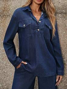 Selenza 时尚休闲宽松翻领水洗牛仔衬衫 - 深色水洗藍 - 查看 1