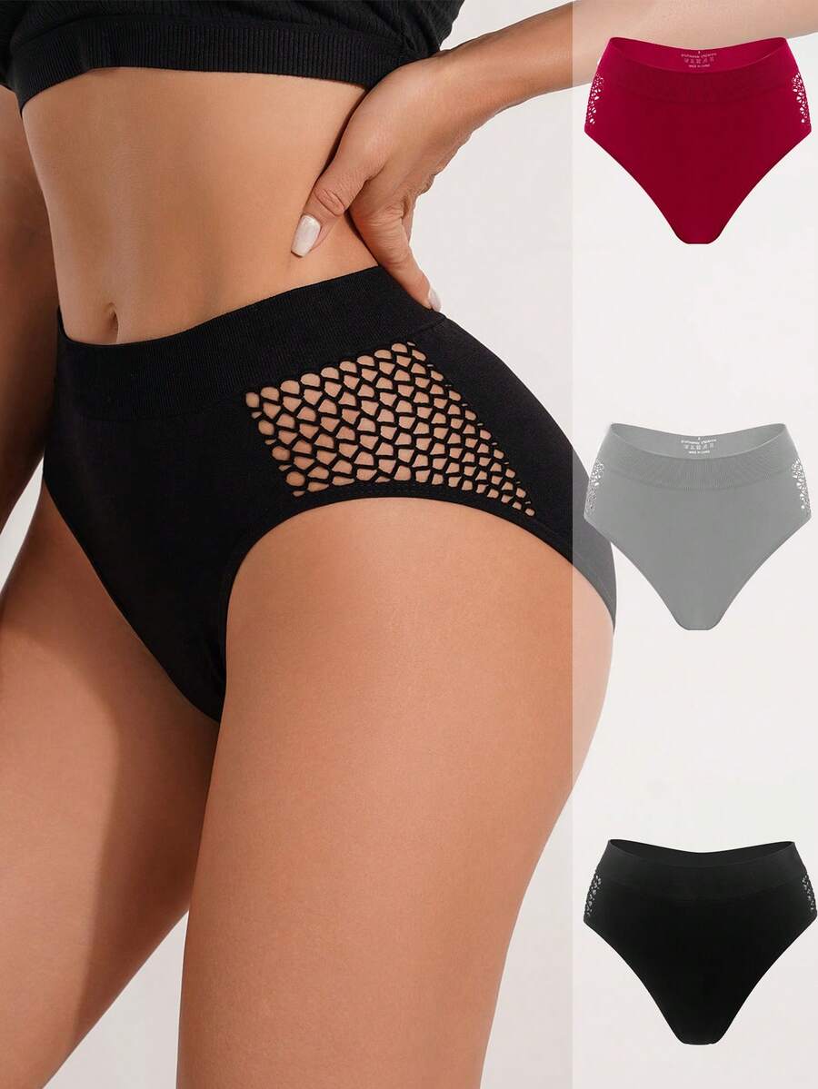 3pcs Solid Color Hollow Minimalist Seamless Comfortable Thong Panties - Multicolor - View 1