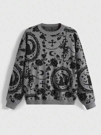 Goth Maglione oversize con stampa completa di gatto nero misterioso e luna gotica, Maglione oversize natalizio grigio scuro oversize per donna