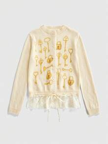 ROMWE Kawaii Women's Cute Retro Key Pattern Knitted Cardigan - Beige - View 1