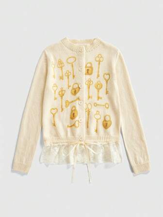 Kawaii Damen süßer Retro Schlüsselmuster gestrickter Cardigan