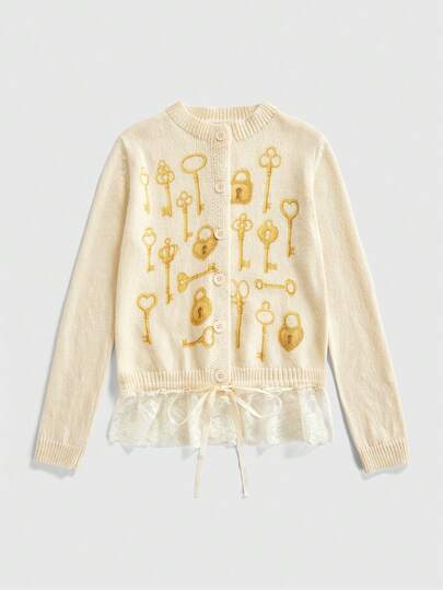 Kawaii Cárdigan de punto con patrón de llave retro lindo para mujer