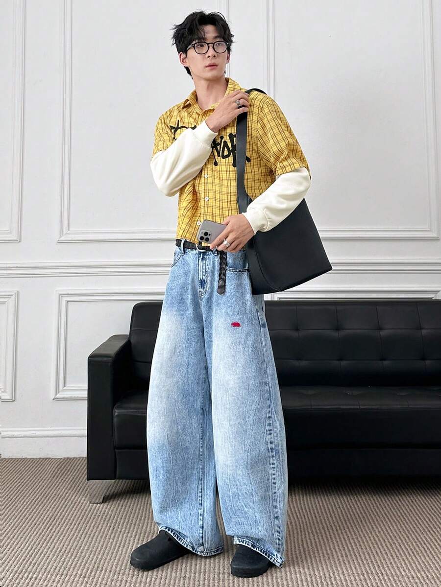 ESTAVOR 男士字母图案二合一长袖格子单排扣休闲衬衫 - 黃色 - 查看 1