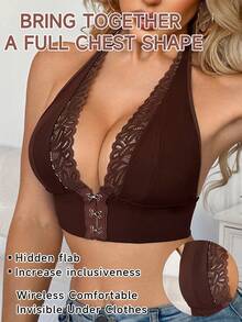 SHEIN Esselle Dam-BH med romantisk spets framtill och enfärgad design - Kaffebrun - Visa 3