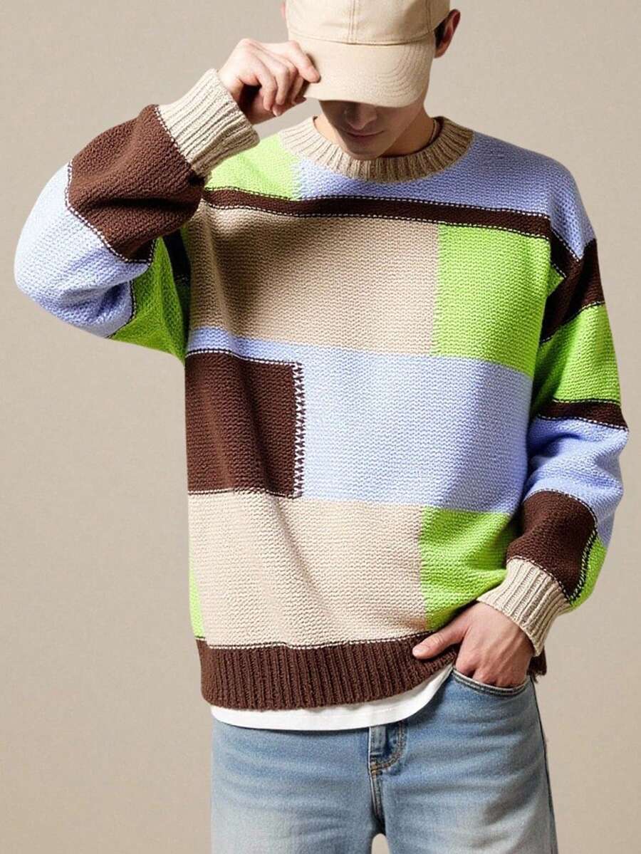 Manfinity Hypemode Stylish Men's Patchwork Knit Sweater Cozy Long Sleeve Regular Length For Everyday Wear - Multicolor - View 1