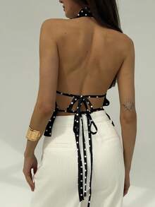 Aloruh Áo cổ yếm kẻ sọc hở lưng buộc lưng họa tiết chấm bi cổ điển gợi cảm, gợi cảm dành cho nữ, thích hợp cho các buổi hẹn hò, áo chấm bi cổ điển - màu đen - Xem 3