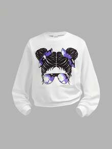 SHEIN Explorewe 2 件 Tween Girl 街头风格休闲舒适百搭肖像印花长袖连帽衫和迷彩工装裤套装，适合秋冬季上学、旅行、外出 - 紫色 - 查看 3