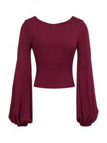 EMERY ROSE Áo thun tay dài cổ vuông tay đèn lồng màu trơn cỡ lớn dành cho nữ - Màu Đỏ Sâu - Xem 2