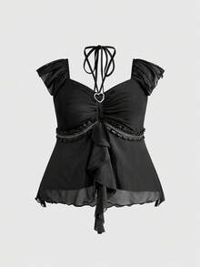 Sweetness Elegante Große Größen Gothic Damen Bluse in Schwarz mit Schnürung, Herz-Strass-Dekor und ärmellos - Schwarz - Übersicht 1
