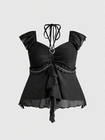 ROMWE Spring And Summer Gothic Elegant Women Plus Size Black Tie-Up Heart Rhinestone Decor Sleeveless Blouse