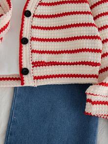 Genkimix Kids 两件套女童秋季新款套装，条纹针织开衫外套搭配休闲直筒蓝色牛仔裤，时尚简约 - 彩色 - 查看 4